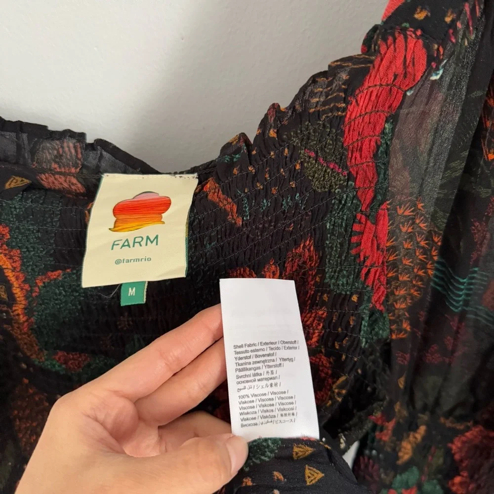 Farm Rio Medium Black River Creatures Blouse Tropical Puff Sleeve Peplum Resort